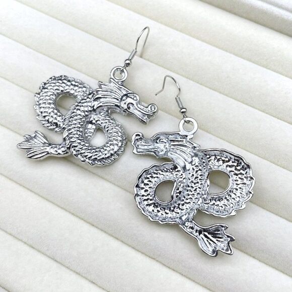 Silver Intricate Asian Inspired Mythical Dragon Dangling Drop Hook Earrings - Picture 7 of 9